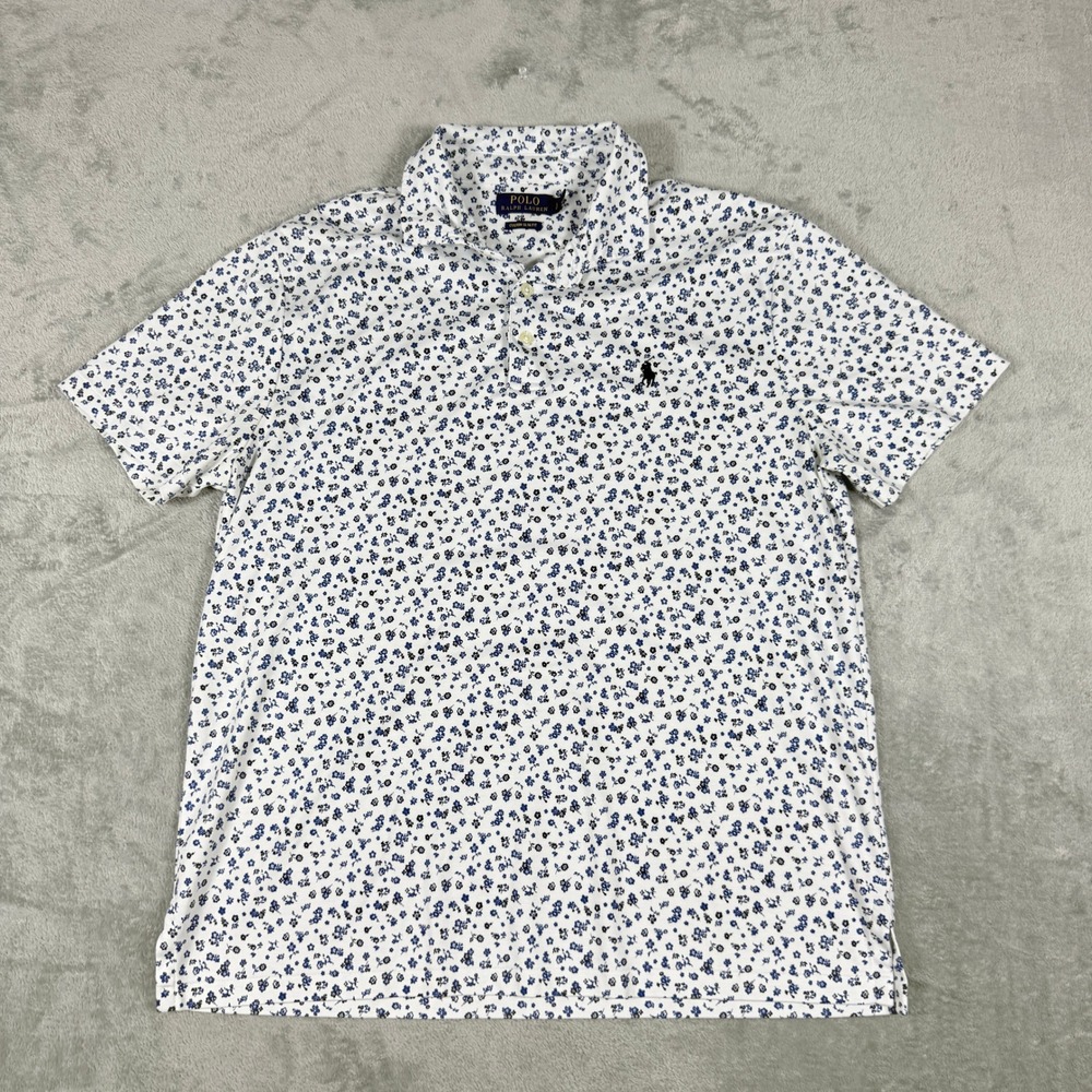 Polo Ralph Lauren Mens Large Polo Shirt Custom Slim Fit Floral Ditsy White Blue
